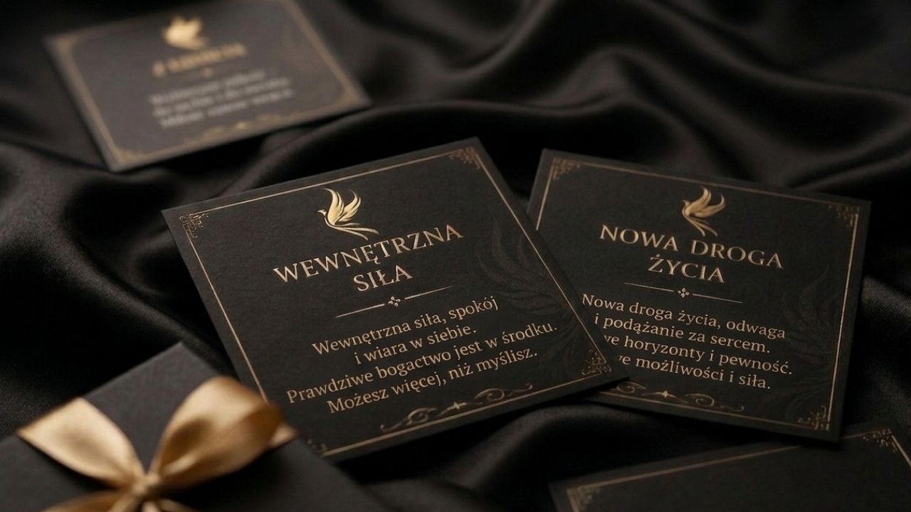 Ekskluzywne czarne karty intencji ze złotym nadrukiem Wewnętrzna siła oraz Nowa droga życia ułożone na czarnym materiale obok pudełka prezentowego.
