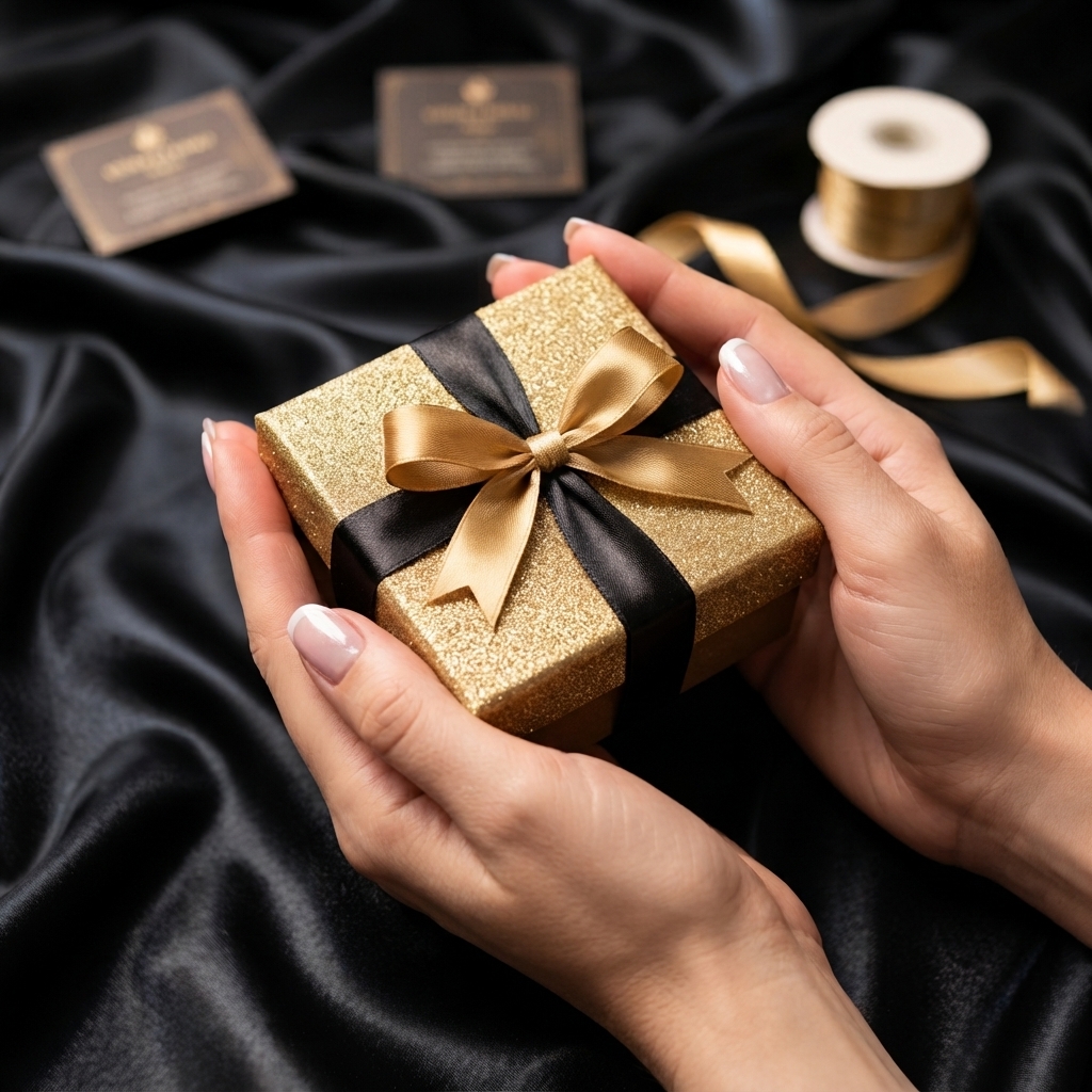Kobiece dłonie z eleganckim francuskim manicure trzymające złote brokatowe pudełeczko na biżuterię PHOENIX by MM na tle głębokiej, czarnej satyny.
